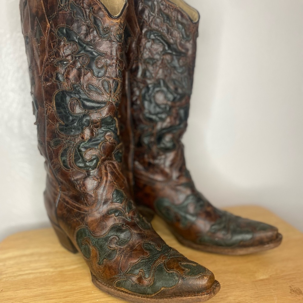 Corral Vintage Green/Brown Leather Snip Toe Western Boots Women Size 9.5 M